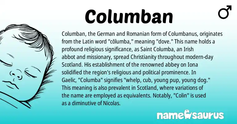 Infographic about Columban name meaning, Columban is a name from Irish, Christianity, Romanian, Gaelic, Latin, German origin(s).