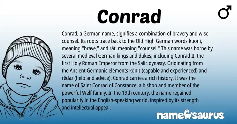 Infographic about Conrad name meaning, Conrad is a name from Old High German, English, Ancient Germanic, Roman, German origin(s).