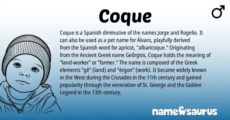 Infographic about Coque name meaning, Coque is a name from Spanish, Ancient Greek, Greek origin(s).