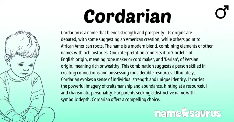 Infographic about Cordarian name meaning, Cordarian is a name from American, Persian, English origin(s).