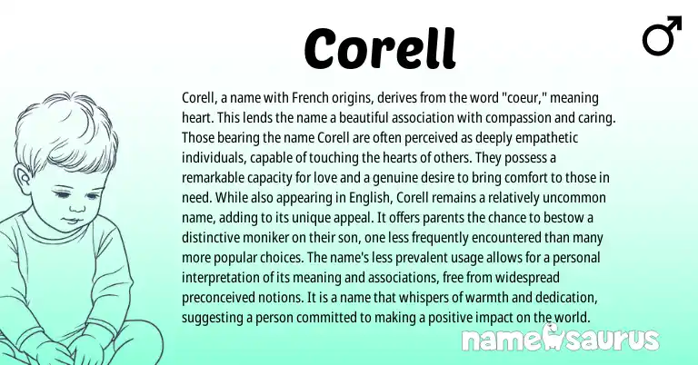 Infographic about Corell name meaning, Corell is a name from French, English origin(s).
