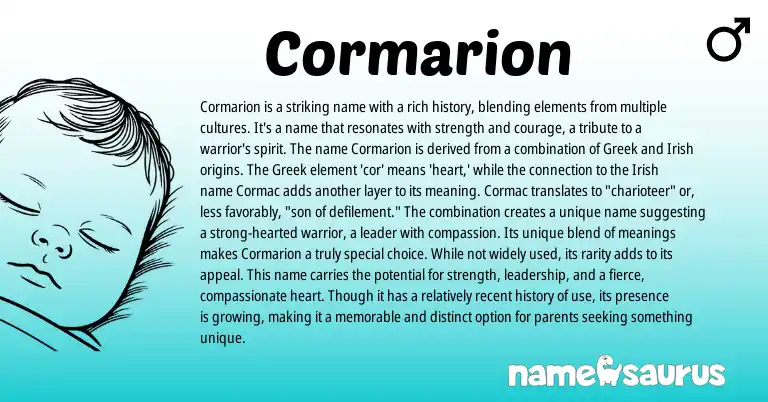 Infographic about Cormarion name meaning, Cormarion is a name from Greek origin(s).