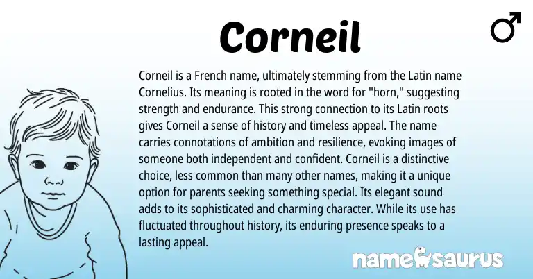 Infographic about Corneil name meaning, Corneil is a name from Latin, French origin(s).