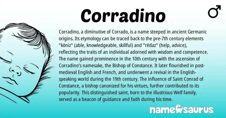 Infographic about Corradino name meaning, Corradino is a name from English, French, Germanic origin(s).