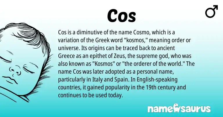 Infographic about Cos name meaning, Cos is a name from Spain, English, Greece, Greek origin(s).