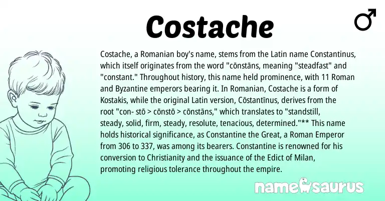 Infographic about Costache name meaning, Costache is a name from Roman, Romanian, Christianity, Latin origin(s).