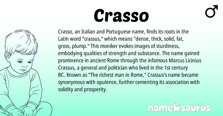 Infographic about Crasso name meaning, Crasso is a name from Portuguese, Latin, Italian origin(s).