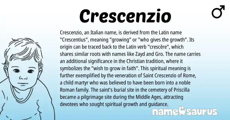 Infographic about Crescenzio name meaning, Crescenzio is a name from Roman, Latin, Italian origin(s).