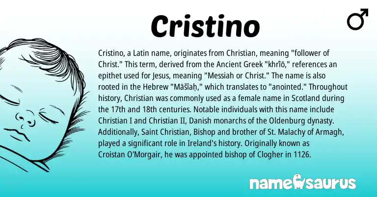 Infographic about Cristino name meaning, Cristino is a name from Ancient Greek, Danish, Ireland, Latin, Hebrew origin(s).