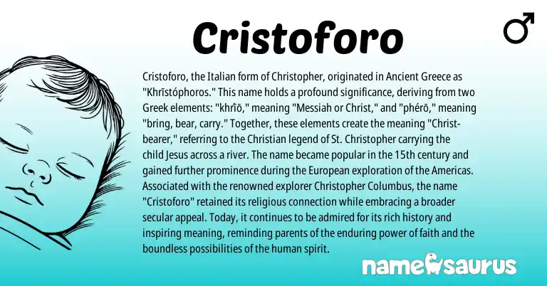 Infographic about Cristoforo name meaning, Cristoforo is a name from Greece, Greek, European, Italian origin(s).