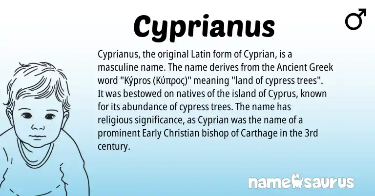 Infographic about Cyprianus name meaning, Cyprianus is a name from Cyprus, Ancient Greek, Latin origin(s).