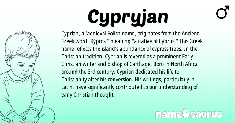 Infographic about Cypryjan name meaning, Cypryjan is a name from Ancient Greek, North Africa, Christianity, Cyprus, Latin, Medieval Polish, Greek origin(s).