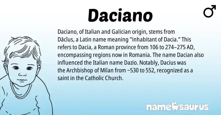 Infographic about Daciano name meaning, Daciano is a name from Galician, Roman, Latin, Italian origin(s).