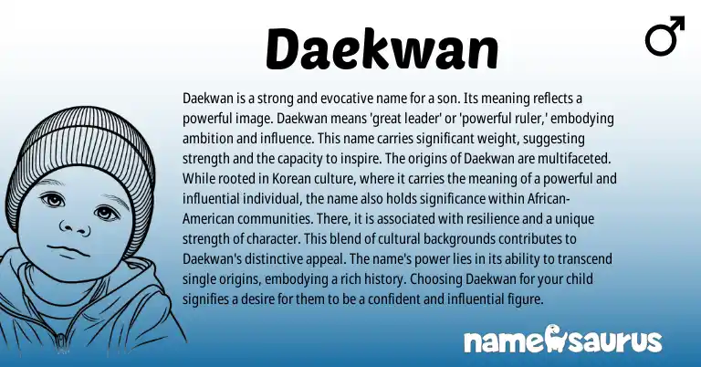 Infographic about Daekwan name meaning, Daekwan is a name from Korean origin(s).