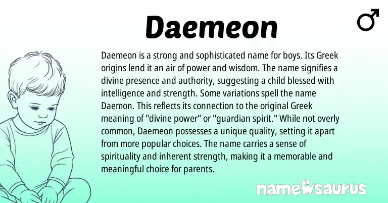 Infographic about Daemeon name meaning, Daemeon is a name from Greek origin(s).