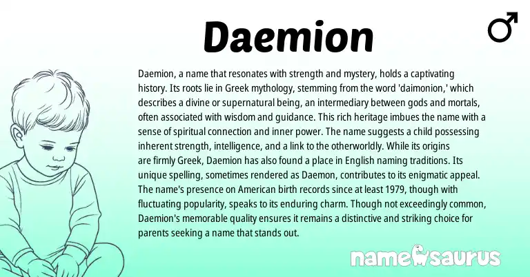 Infographic about Daemion name meaning, Daemion is a name from Greek origin(s).