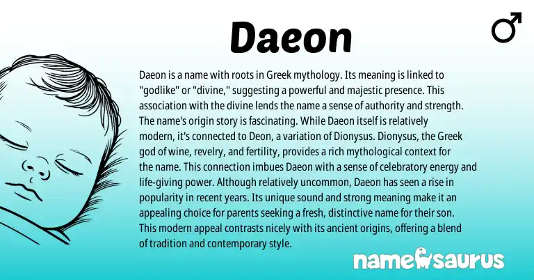 Infographic about Daeon name meaning, Daeon is a name from Greek origin(s).