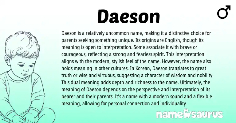 Infographic about Daeson name meaning, Daeson is a name from Korean, English origin(s).