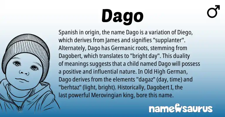 Infographic about Dago name meaning, Dago is a name from Old High German, Spanish, Germanic origin(s).