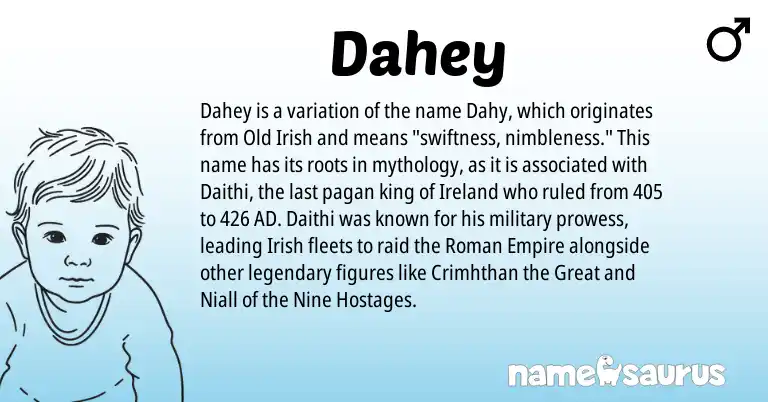 Infographic about Dahey name meaning, Dahey is a name from Irish, Ireland, Roman, Old Irish origin(s).