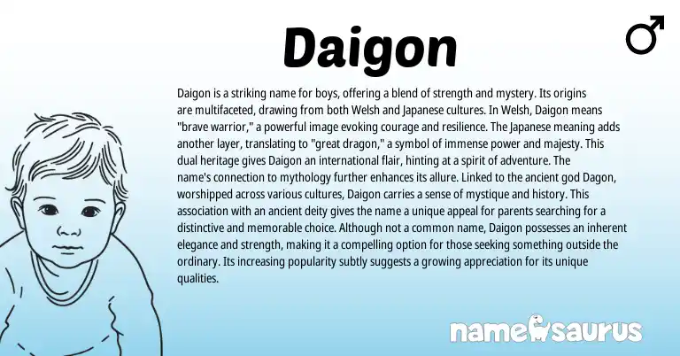 Infographic about Daigon name meaning, Daigon is a name from Japanese, Welsh origin(s).