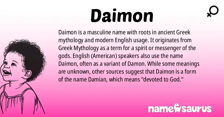 Infographic about Daimon name meaning, Daimon is a name from Greek Mythology, English (American), Greek origin(s).