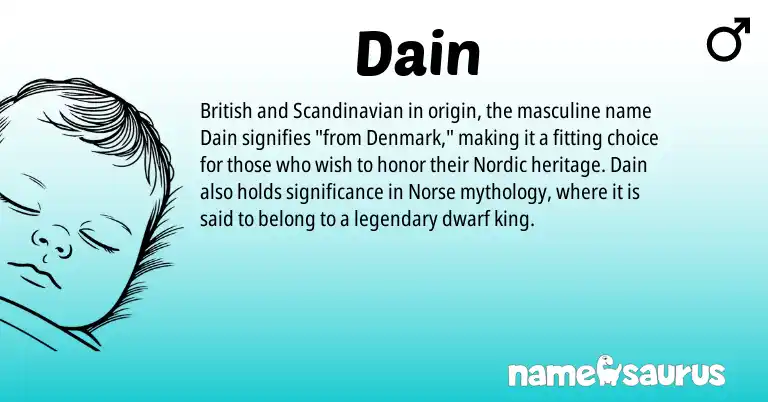 Infographic about Dain name meaning, Dain is a name from Scandinavian, British, Nordic, Norse origin(s).