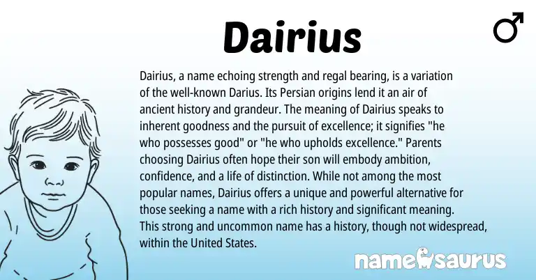 Infographic about Dairius name meaning, Dairius is a name from Persian origin(s).