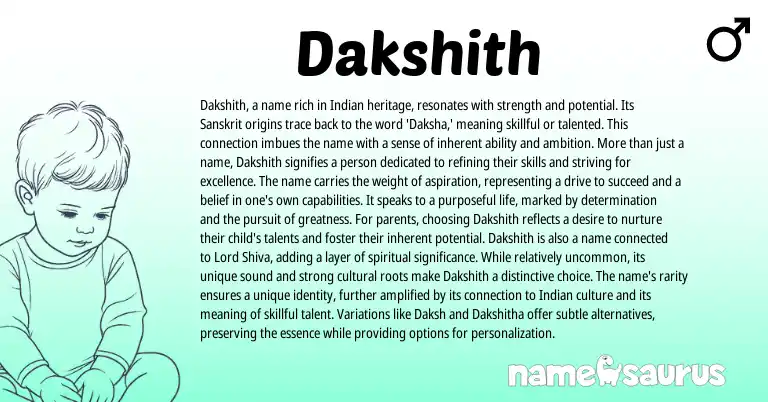Infographic about Dakshith name meaning, Dakshith is a name from Indian, Sanskrit origin(s).