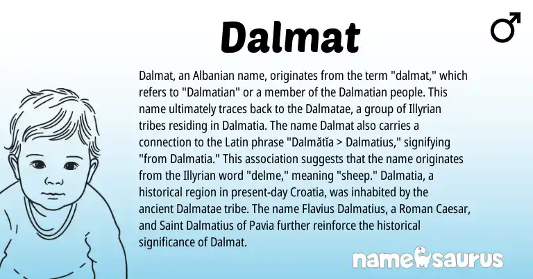 Infographic about Dalmat name meaning, Dalmat is a name from Roman, Albanian, Latin origin(s).