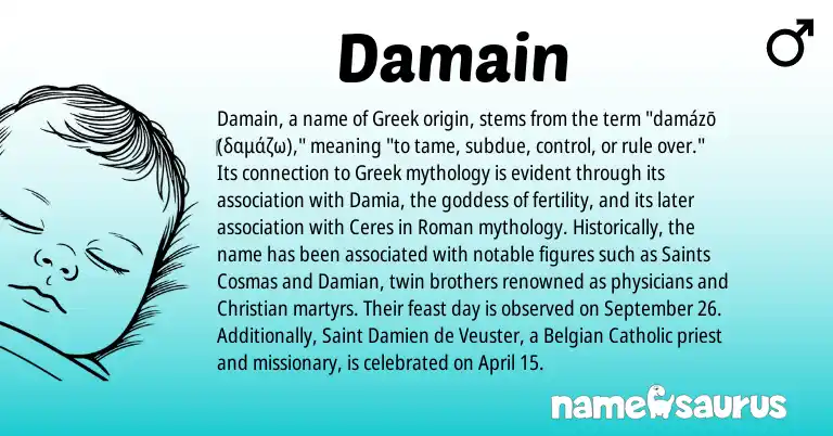 Infographic about Damain name meaning, Damain is a name from Roman, Belgian, Greek origin(s).