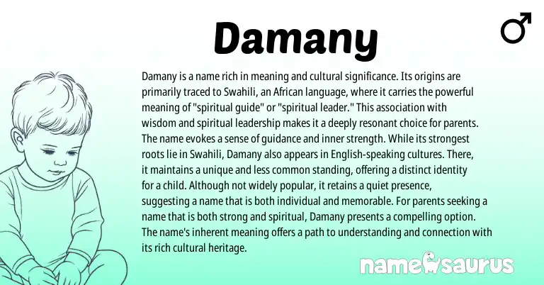 Infographic about Damany name meaning, Damany is a name from African, Swahili origin(s).