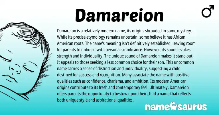 Infographic about Damareion name meaning, Damareion is a name from American origin(s).