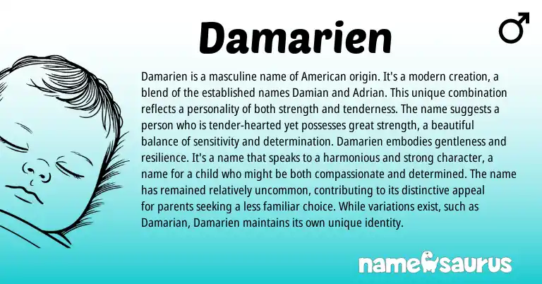 Infographic about Damarien name meaning, Damarien is a name from American origin(s).
