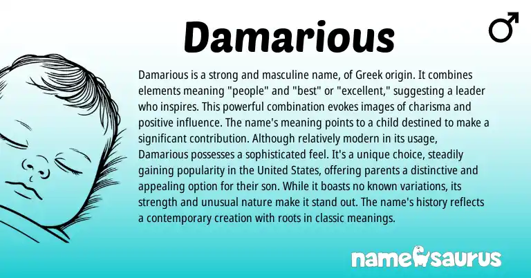 Infographic about Damarious name meaning, Damarious is a name from Greek origin(s).