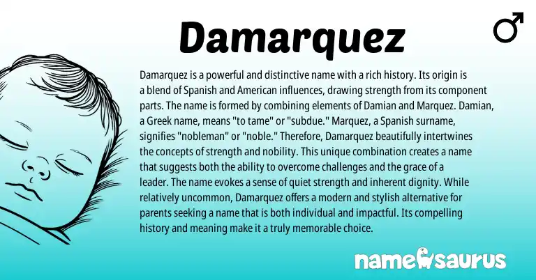 Infographic about Damarquez name meaning, Damarquez is a name from Greek, Spanish origin(s).