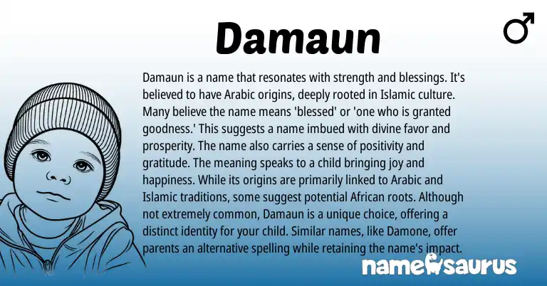 Infographic about Damaun name meaning, Damaun is a name from Arabic origin(s).