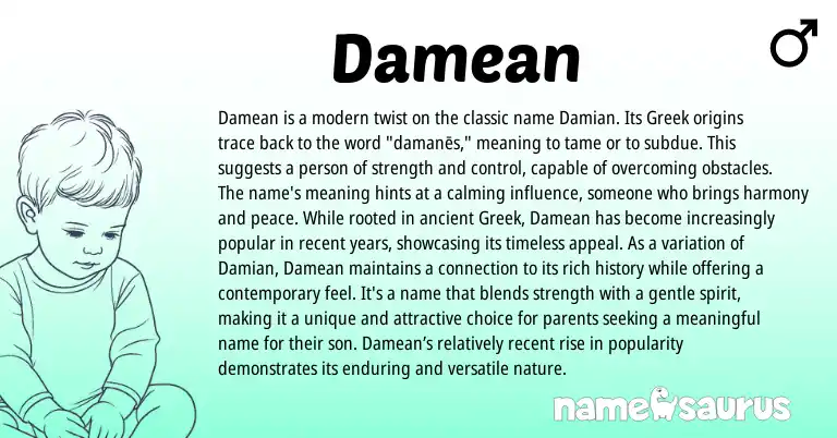 Infographic about Damean name meaning, Damean is a name from Greek origin(s).