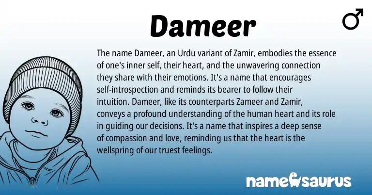 Infographic about Dameer name meaning, Dameer is a name from Urdu origin(s).