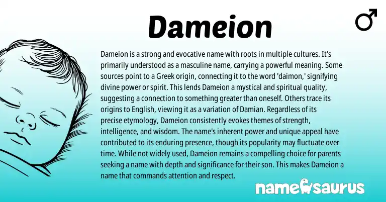 Infographic about Dameion name meaning, Dameion is a name from Greek origin(s).