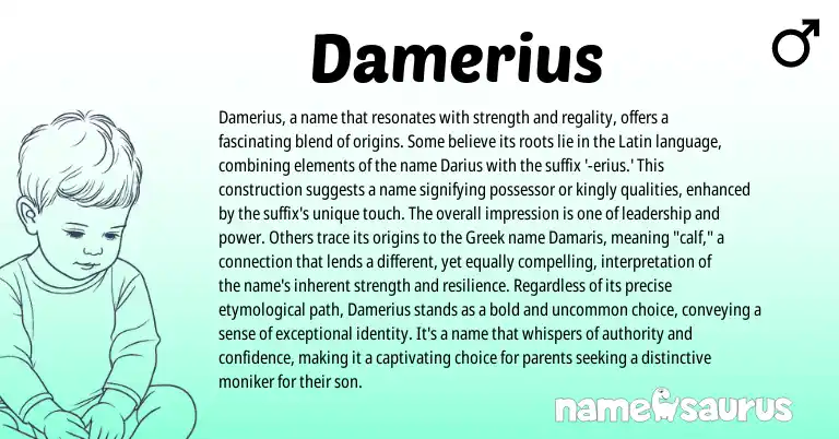 Infographic about Damerius name meaning, Damerius is a name from Latin, Persian origin(s).
