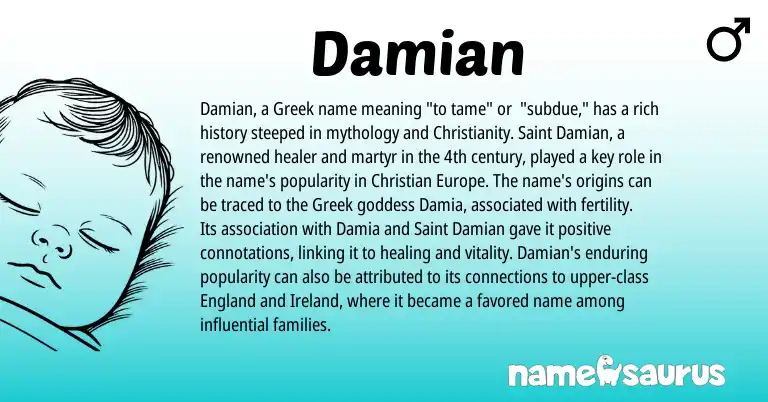 Infographic about Damian name meaning, Damian is a name from England, Ireland, Christianity, Greek origin(s).