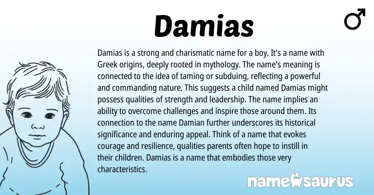 Infographic about Damias name meaning, Damias is a name from Greek origin(s).