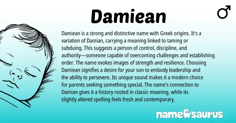Infographic about Damiean name meaning, Damiean is a name from Greek origin(s).