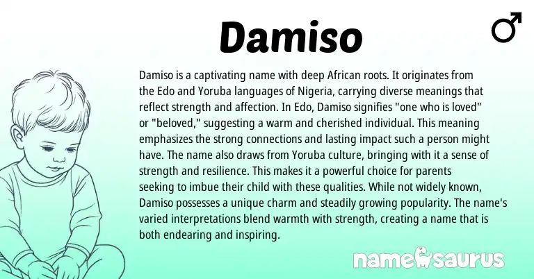 Infographic about Damiso name meaning, Damiso is a name from Edo, African origin(s).
