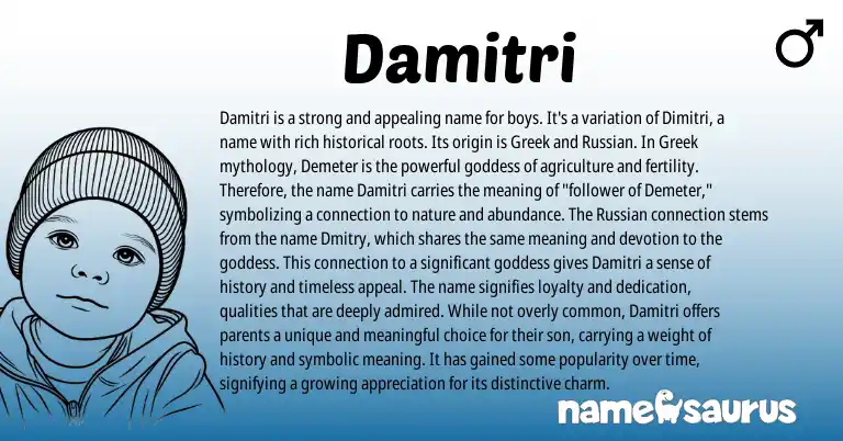 Infographic about Damitri name meaning, Damitri is a name from Greek origin(s).