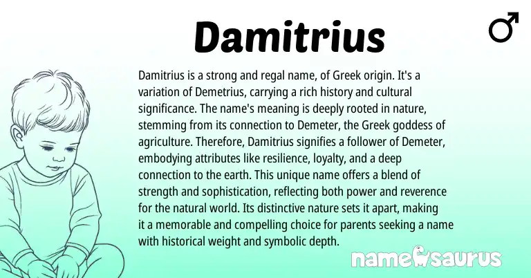 Infographic about Damitrius name meaning, Damitrius is a name from Greek origin(s).