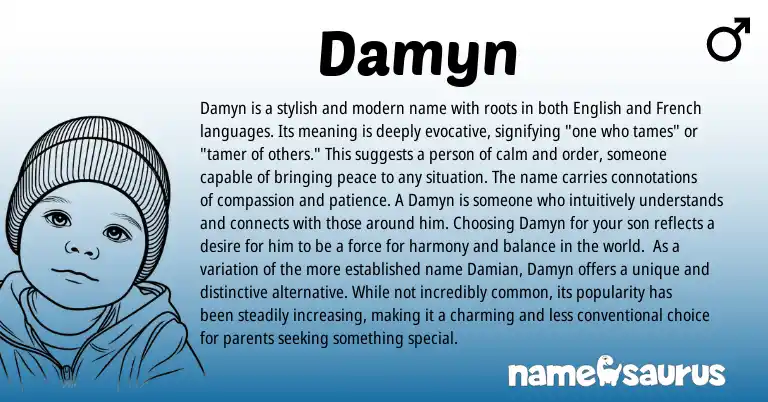 Infographic about Damyn name meaning, Damyn is a name from French, English origin(s).