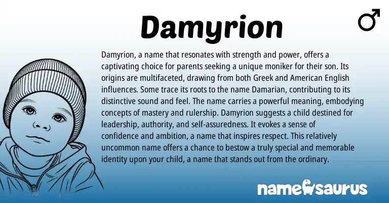 Infographic about Damyrion name meaning, Damyrion is a name from Greek origin(s).