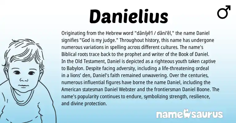 Infographic about Danielius name meaning, Danielius is a name from American, Hebrew origin(s).